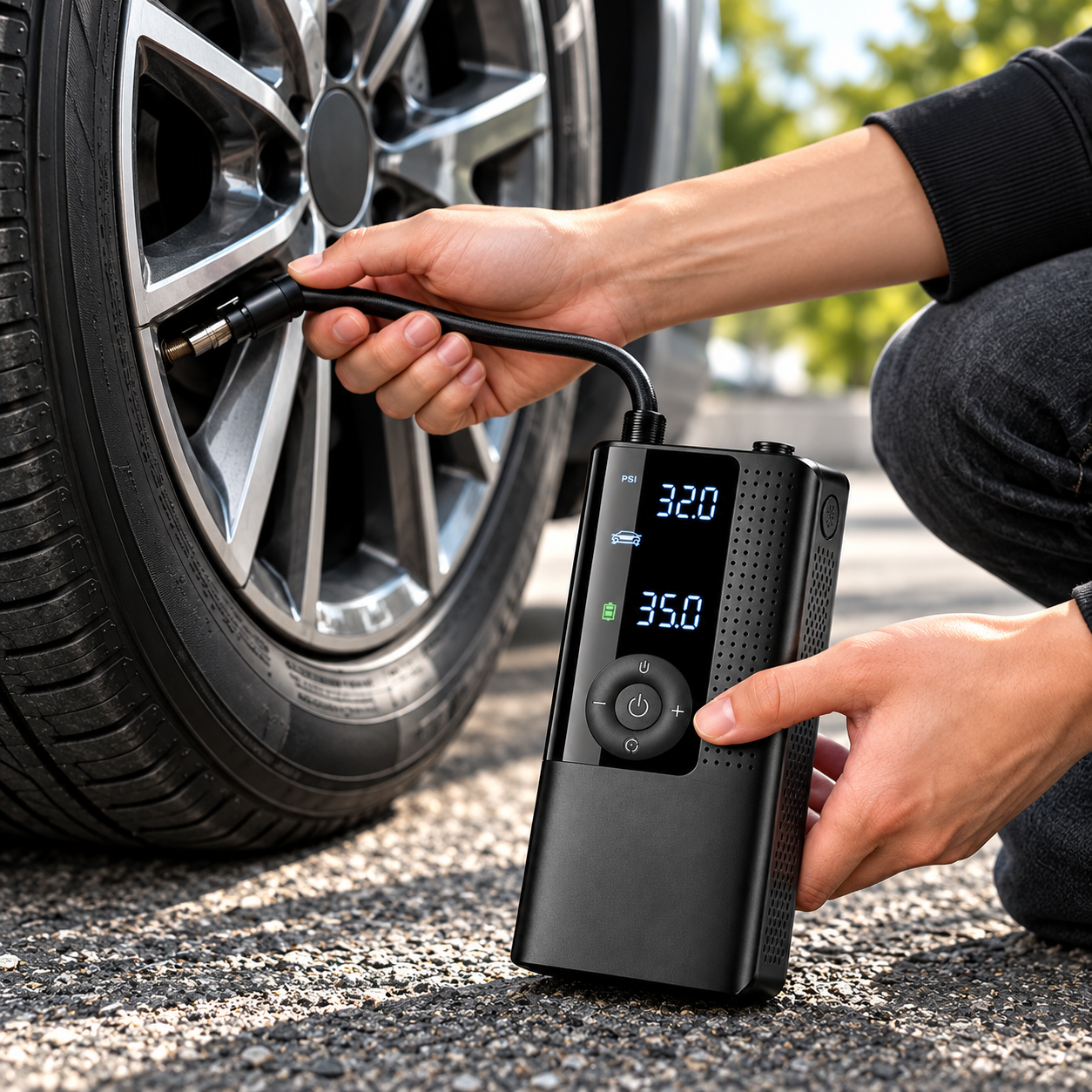 Inflator being used next to a car tire
