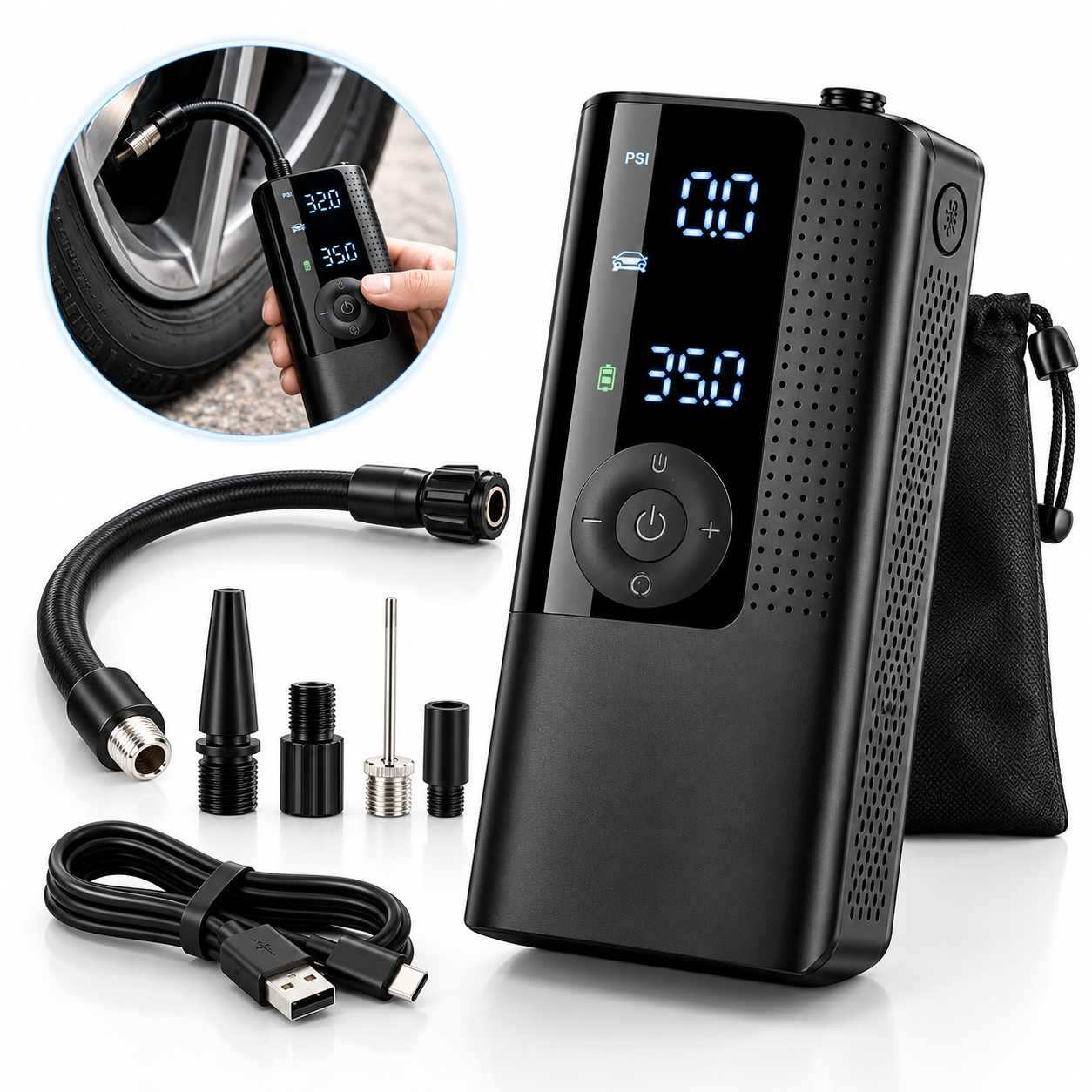 Portable digital tire inflator and accessories