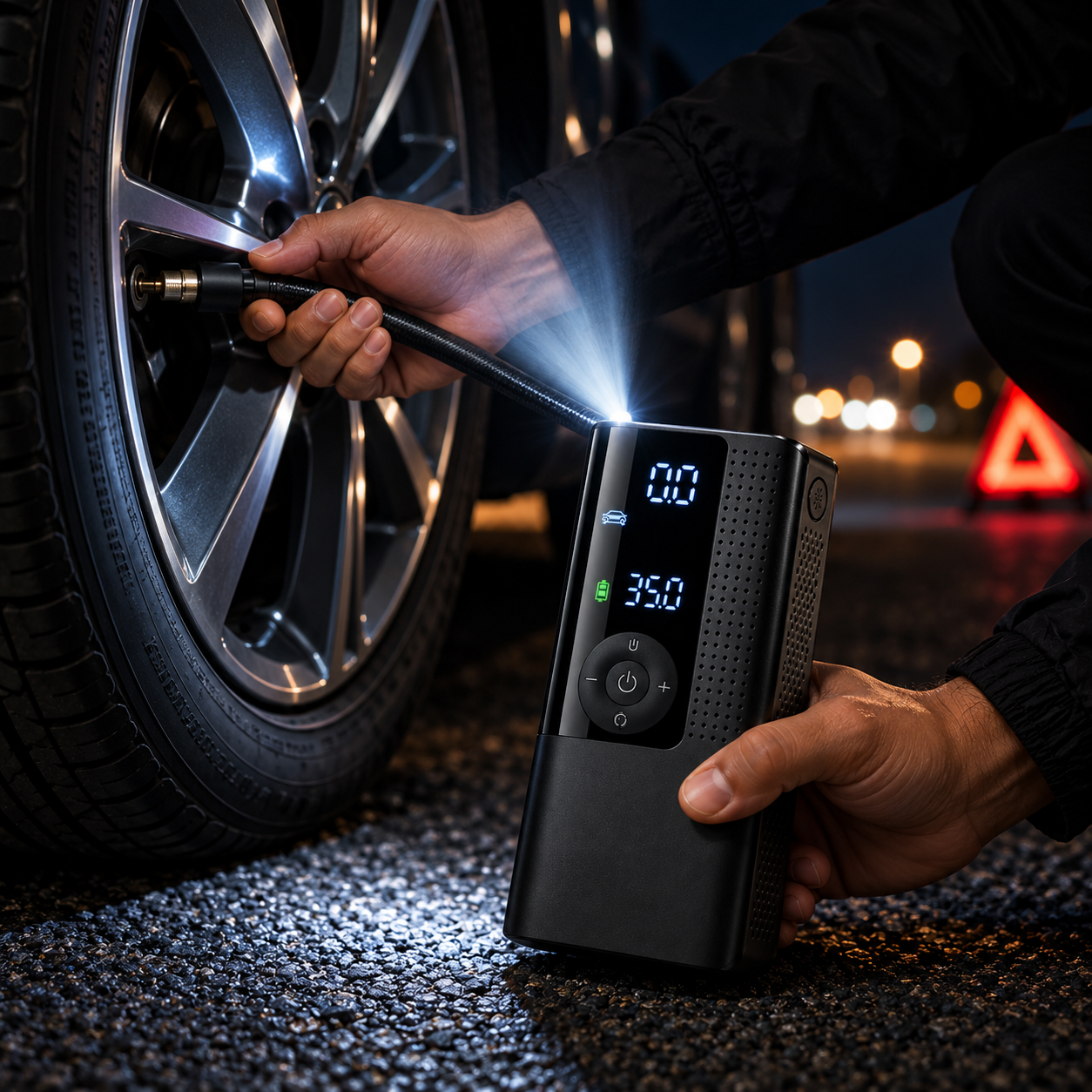 Portable inflator being used after dark