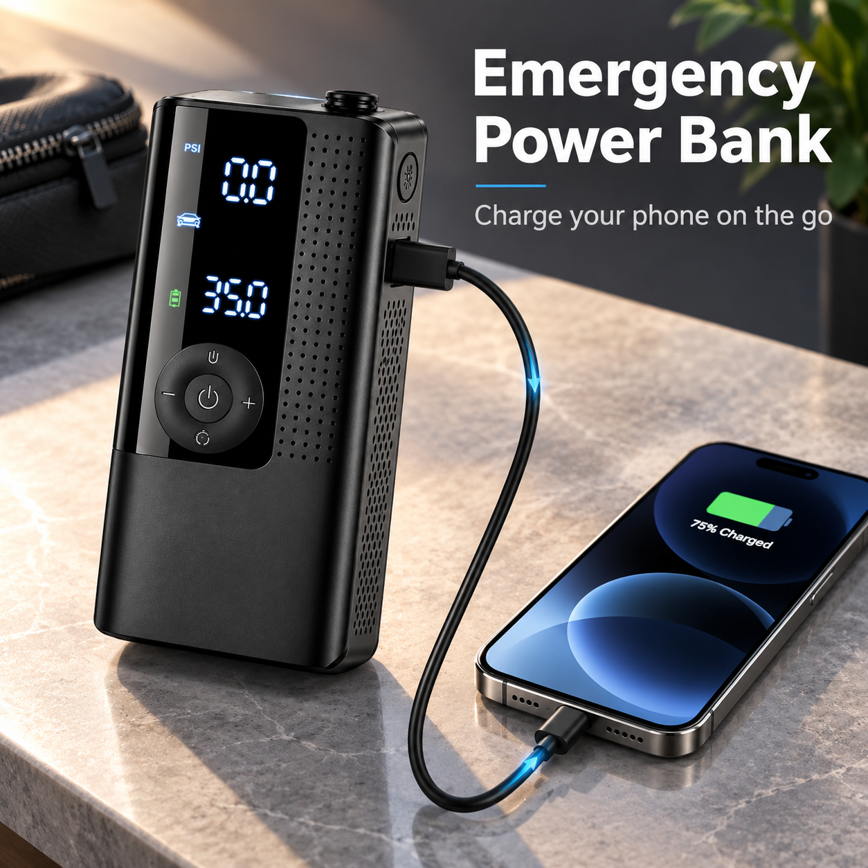Inflator used as an emergency power bank